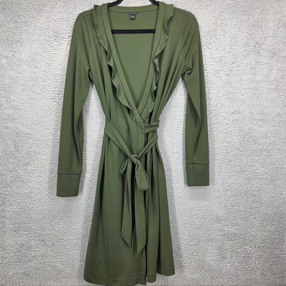 Ann Taylor Olive Green Ruffle Wrap Dress Long Sleeve Size 4 Tie Waist